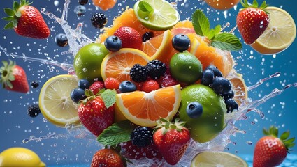 Summer Fruit Cocktail Splash: Ripe strawberries, blueberries, oranges, and limes bursting in water with fresh mint. Perfect for beverage advertising and healthy lifestyle concepts.