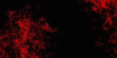 Red color powder explosion isolated on black background. Colorful dust explode. Paint Holi, dust particles splash. Network concept with spray. Futuristic technology element. 3D rendering.