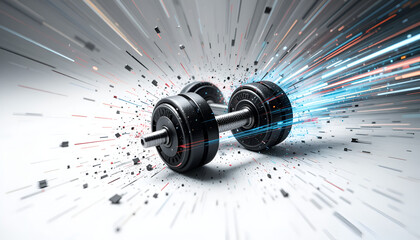 A dumbbell presented in high speed motion shows energy and power, ideal for gym advertisements or sports related materials.
