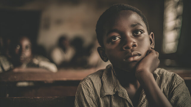 Boy in classroom gazes upward hand on face
