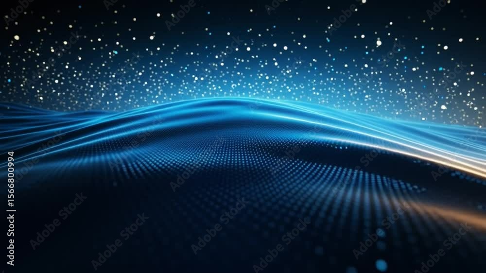 Poster Abstract Blue Energy: A mesmerizing abstract landscape of undulating blue energy waves, shimmering with particles of light, creating a sense of depth, movement, and cosmic wonder. 