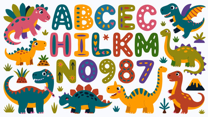 Godzilla vector colorful dinosaurs numbers and letters for kids educational materials. Suitable for educational resources and childrens products.