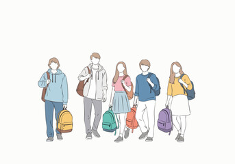 Simple Handdrawn Full Body Student Crowd Illustration with Colorful Backpacks
