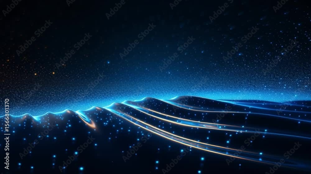 Poster Digital Universe: A mesmerizing digital landscape composed of glowing blue particles and waves, conveying a sense of the vastness and interconnectedness of the digital realm. 