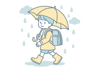 雨の日に登校する小学生男児のイラスト（梅雨・傘・長靴）