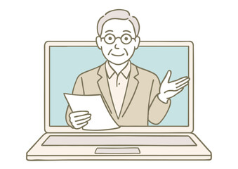 オンライン会議で話すシニア男性のイラスト