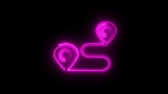 Glowing neon location sign icon and navigation map pin animation. Two location point connection with neon lines arrow direction . 