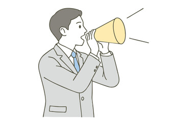 Fototapeta premium メガホンで呼びかけるスーツ姿の男性のイラスト