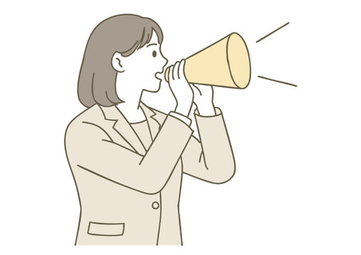 メガホンで呼びかけるスーツ姿の女性のイラスト
