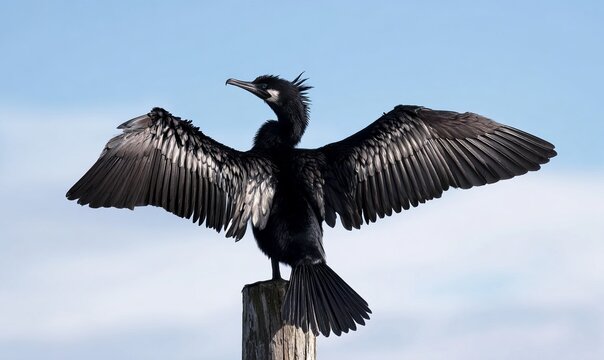 Cormorant Bird Drying Wings on Wooden Post Under Blue Sky - Powered by Adobe