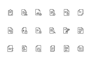 Line art document icons showing various actions including checkmark download lock upload more Bundle
