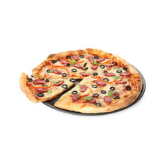 Fully loaded deluxe pizza topped with pepperoni, olives, mushrooms, bell pepper and cheese on white...