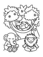 Animals Taking Naptime In Jungle Outline