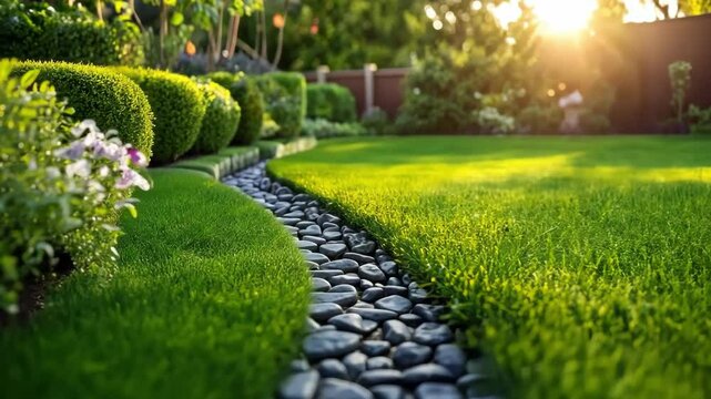 Lush green backyard garden design with decorative river stones