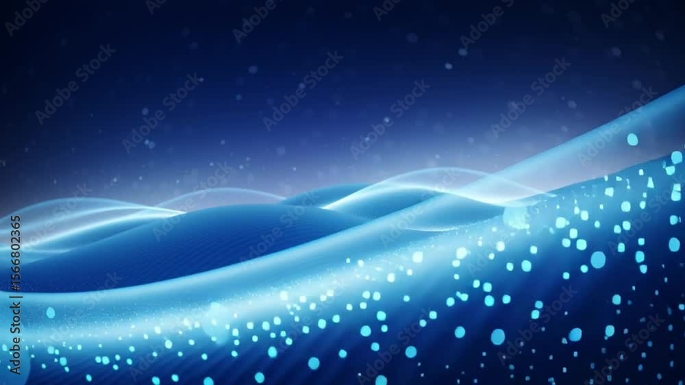 Poster Abstract Blue Light Waves: An ethereal digital rendering of flowing blue light waves and particles create a sense of movement and energy against a dark background.