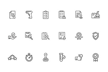 Outline icons quality control inspection symbols including document checkmark factory more
