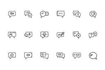Outline speech bubble icons with various symbols including camera, check, time, microphone, heart, star