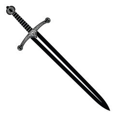 Black silhouette of a medieval knight s sword with ornate hilt on white background
