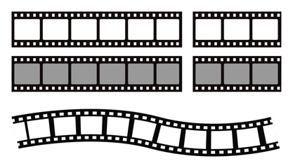 Retro Film Strip Icon Set – Vector Illustrations of Movie Tape, Cinema Reel, and Filmstrip Frames on Transparent Background.