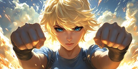 empowered female warrior with bright blue eyes in action scene