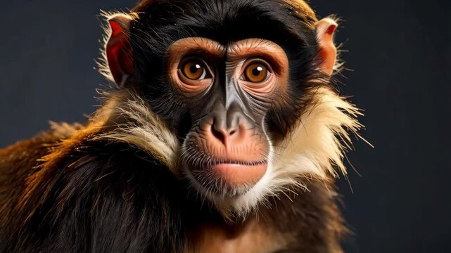 Detailed close-up portrait of a monkey with brown eyes, black face and fur against a dark neutral colored background in studio light.