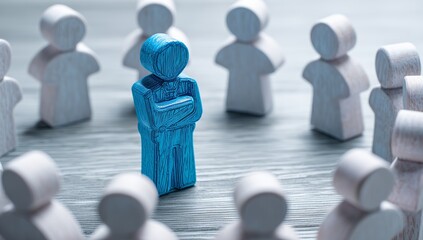 A unique blue wooden figure stands confidently amidst a group of white figures, symbolizing individuality, leadership, and difference in a collective.