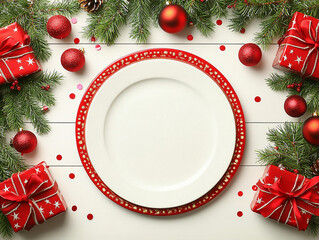 Empty white plate and Christmas composition on the white wooden background. Top view. Copy space.