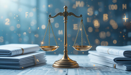 Justice scales are beautifully balanced amid documents, representing law, legalities, and justice on a table with abstract numeric bokeh.