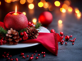 Christmas composition with red burning candle, white plate and red napkin on a dark background. Close-up.