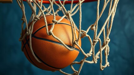 A closeup shot of an orange basketball swishing through a net into a hoop