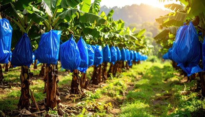 Rows of banana plants with blue bags, sunlit farm field, distant hills
