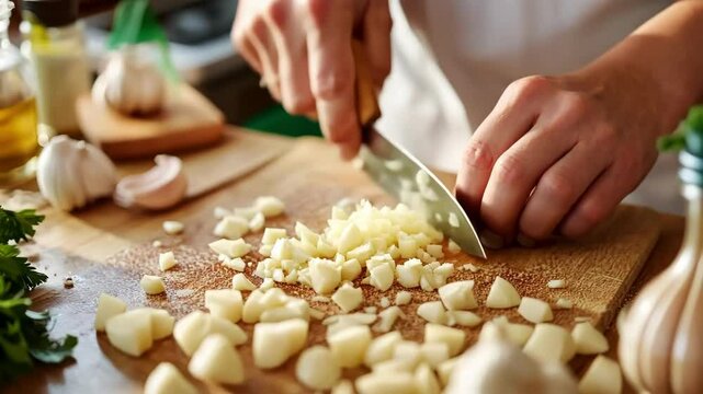 Hands chopping garlic on a cutting board in a kitchen setting.