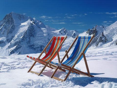 Two colourful old-fashioned deckchairs in the snow
