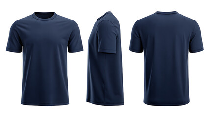 A navy blue crew neck tshirt is shown from the front, back, and side, isolated on white background apparel mockup, garment visualisation, t shirt template, clothing presentation, fashion mockup