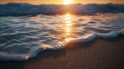 Golden sunset waves lapping at the shore
