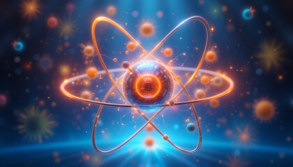 Luminous Atom Model with Orbiting Particles on Blue Background