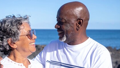 Happy elderly couple sharing a joyful moment on a sunny beach day