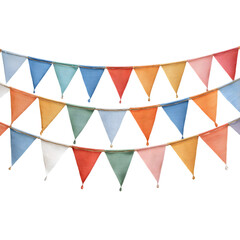 Three rows of colorful knitted triangle bunting flags strung on a cord isolated on transparent background