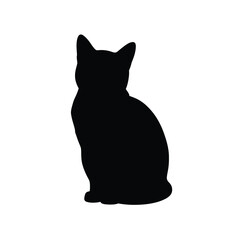 A black silhouette of a cat sitting upright against a white background