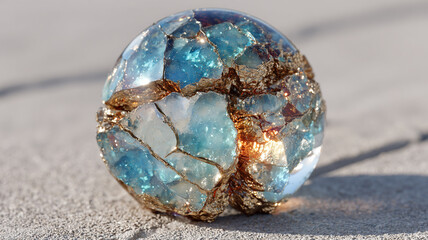 Close-up of cracked glass marble on concrete surface