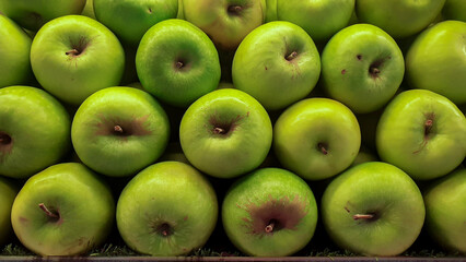 A vibrant display of fresh, green apples showcases nature's healthy bounty in close-up detail