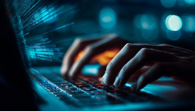 Close-up of a person's hands typing on a laptop keyboard with glowing blue digital code projected over the screen, representing technology and data.