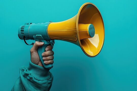 A human hand holding yellow megaphone, announcing advertisement, on blue background. Communication and promotion concept. Copy space