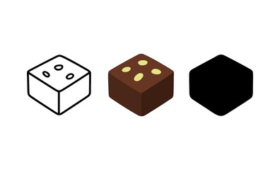 Contemporary dice illustration set: outline, detailed, and silhouette versions