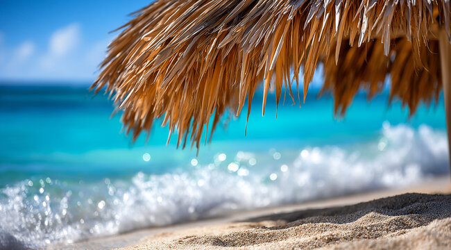 A straw umbrella from the sun on a turquoise beach.