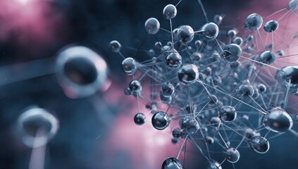 Abstract 3D rendering of a complex molecular structure or neural network with interconnected atoms against a futuristic background.