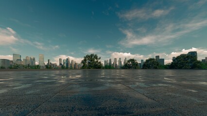 A warm-toned panoramic view of a modern cityscape under a partly cloudy sky, featuring a spacious,...