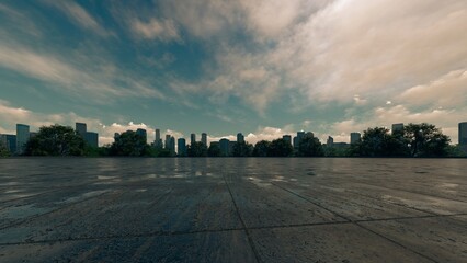 A warm-toned panoramic view of a modern cityscape under a partly cloudy sky, featuring a spacious,...