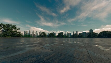 A warm-toned panoramic view of a modern cityscape under a partly cloudy sky, featuring a spacious,...
