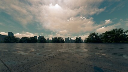A warm-toned panoramic view of a modern cityscape under a partly cloudy sky, featuring a spacious,...